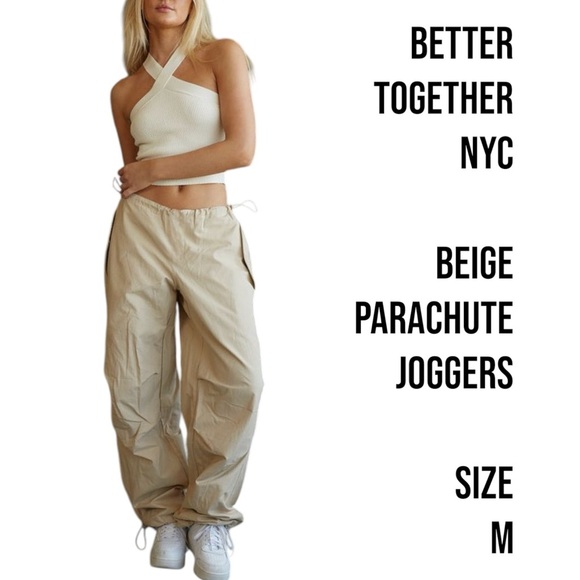Better Together NYC Beige Cream Parachute Joggers Size Medium y2k retro - Picture 1 of 7